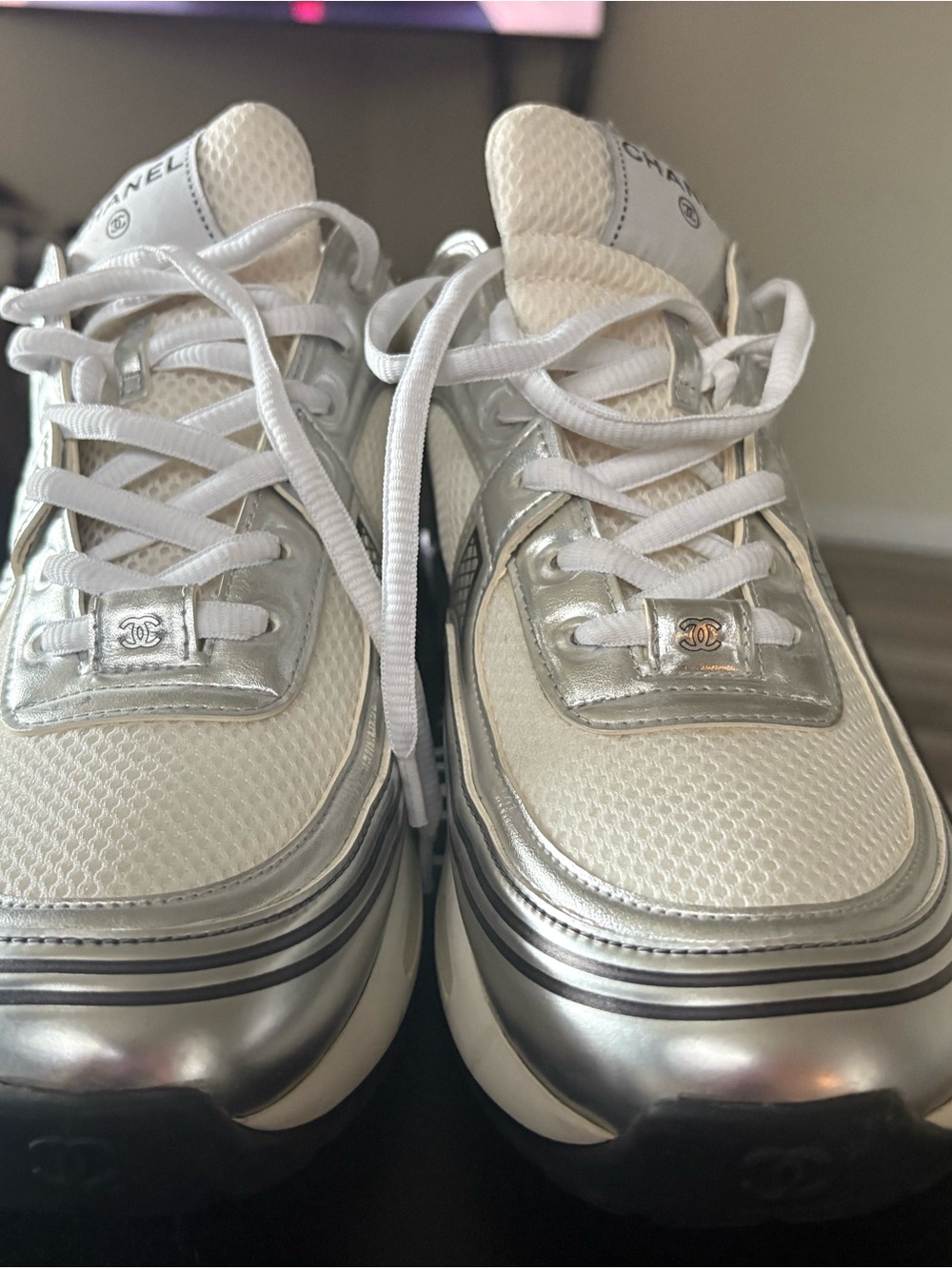 CHANEL White and Silver Trainer HIGH DEMAND